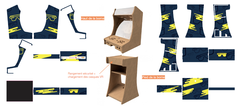 Haut et pied de la borne en bois, avec les éléments d'habillage graphique